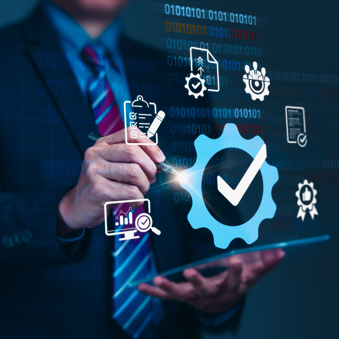 person confirms quality with a checkmark tap on digital icon with other icons displaying a process