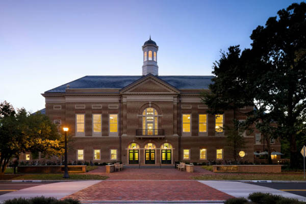 Miller Hall front view at night