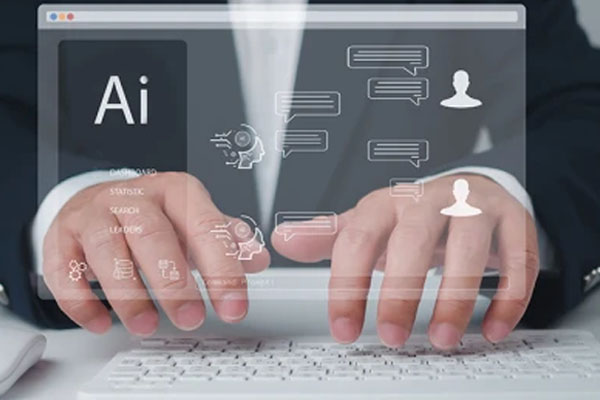 Businessman hands over keyboard with ai icons overlay