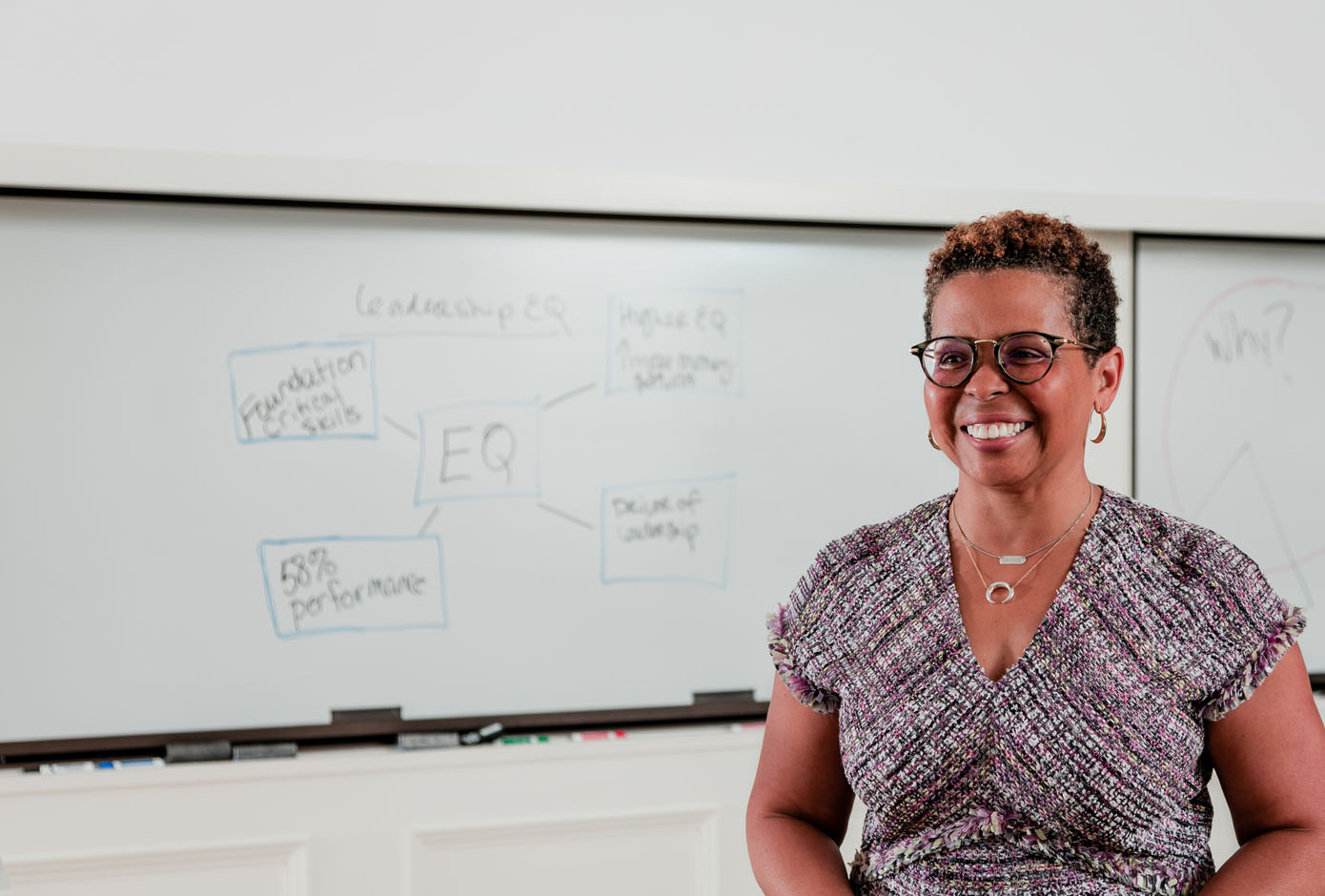 Tatia Granger in front of whiteboard in classroom